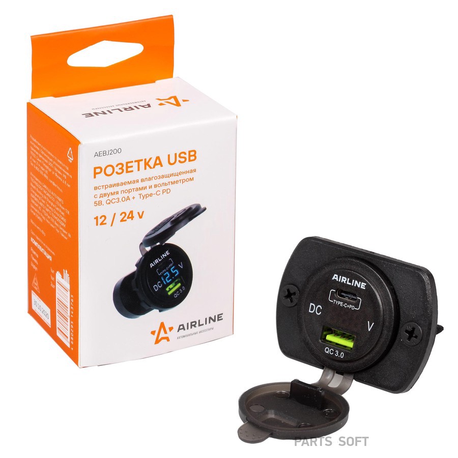 Розетка автомобильная "AIRLINE" (USB встраиваемая влагоз., 2 порта, вольтметр (5В, QC3.0+Type-c PD) - AIRLINE None None